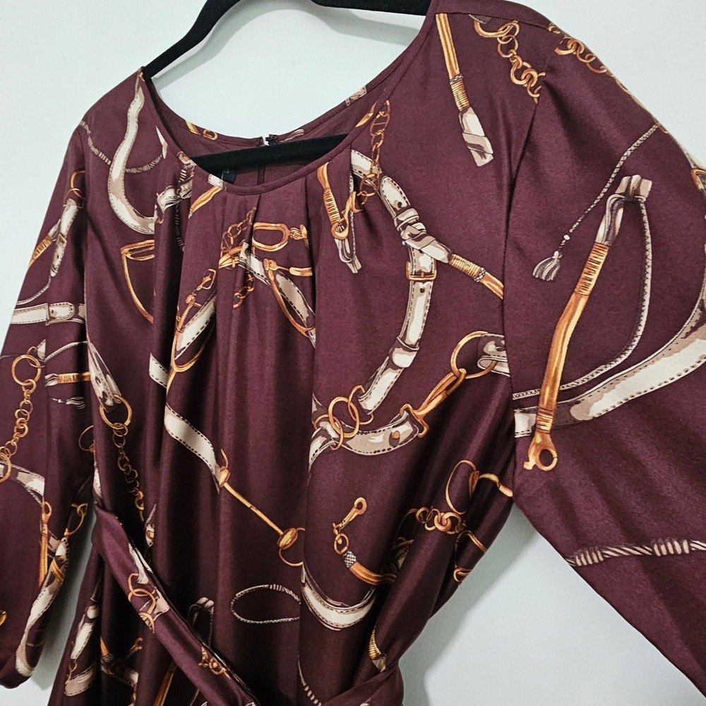 Talbots 14 100% Silk Midi Dress Burgundy Equestrian Chain Belted Derby Old Money